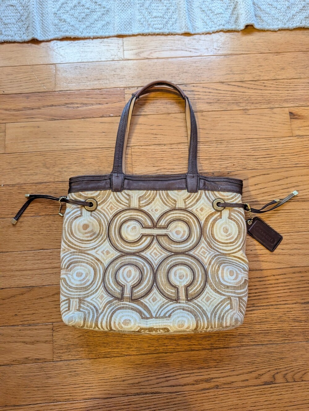 Vintage Y2K 2000s Coach Audrey Tote Op Art Swirl Jacquard Leather Brown Tan
